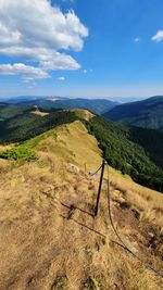 High angle view of road amidst field against sky