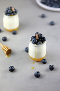 Homemade italian dessert panna cotta with fruits jelly,  blue berries and honey on gray background.