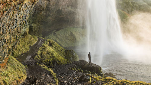 Rear view of man standing on rock by waterfall