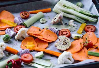 High angle view of chopped vegetables