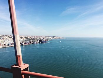 Scenic view of sea by town against sky