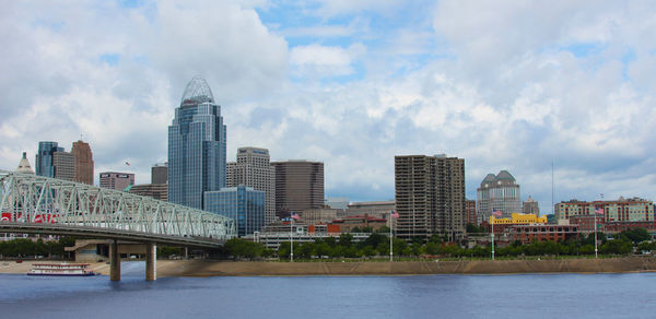 Modern buildings by river against sky in city