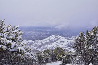 View from little black mountain peak winter snow hiking, wasatch front rocky mountains, utah. usa