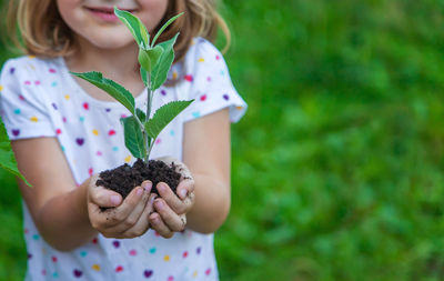 Midsection of cute girl holding seedling