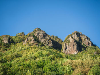 Scenic view of rocky mountains against clear blue sky