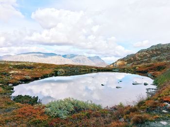 Scenic view of lake and mountains against sky