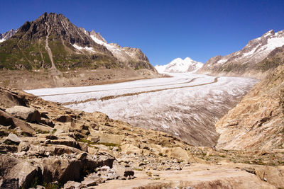 Scenic view of snowcapped mountains against clear sky