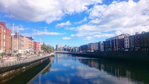 River by cityscape against sky