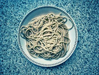 High angle view of noodles in bowl on table