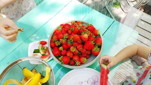 Cropped image of people having breakfast on table