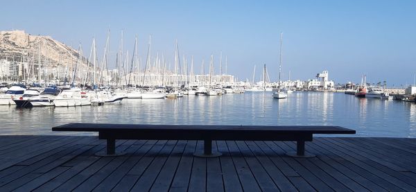 Sailboats moored in harbor