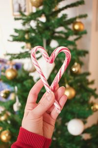 Close-up of hand holding heart shape christmas tree