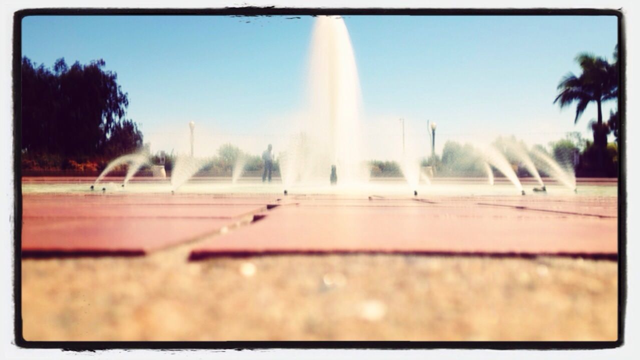 tree, sky, motion, clear sky, auto post production filter, nature, palm tree, fountain, outdoors, blurred motion, long exposure, no people, growth, transfer print, day, focus on foreground, water, park - man made space, sunlight, selective focus