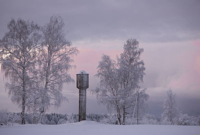 Bare trees on snow covered land against sky during sunset