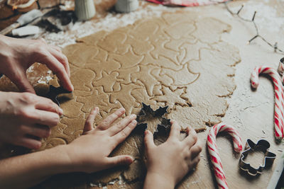 Christmas baking. mom and daughter make cookies, cut out different shapes using cutting mold