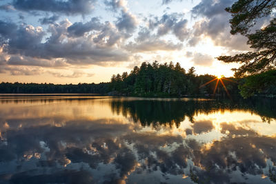 Scenic view of lake against sky at sunset