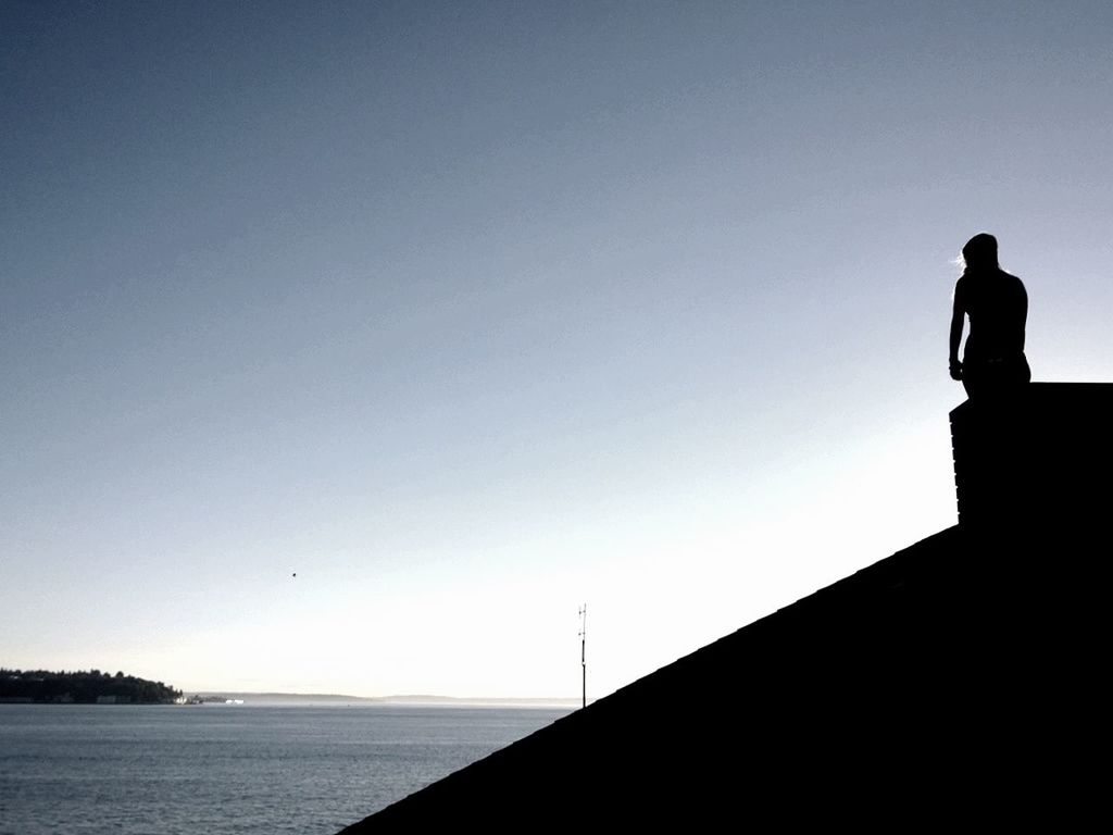 silhouette, copy space, clear sky, built structure, sea, standing, architecture, outline, sky, horizon over water, men, low angle view, water, outdoors, building exterior, tranquility, nature, dusk