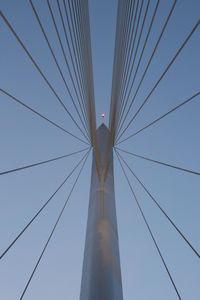 Low angle view of cables and building against sky