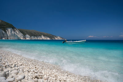 Scenic view of sea against clear blue sky