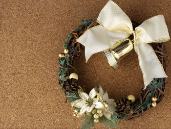 Directly above shot of wreath on table during christmas