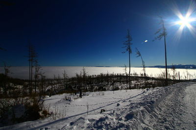 Scenic view of snowy field against blue sky during winter