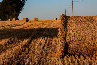 Hay bales on field against sky