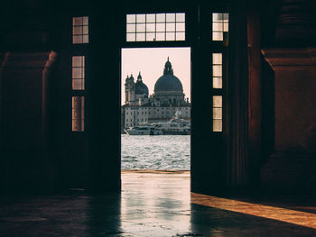 View of church seen through window