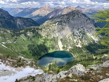 Scenic view of lake and mountains against sky