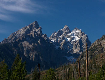 Scenic view of snowcapped mountains against blue sky