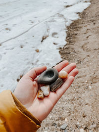 Hand holding unique rocks on icy lake beac