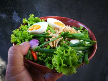 High angle view of person holding salad in bowl