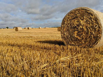 Hay bales on field against sky