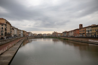 Bridge over river by buildings in city against sky