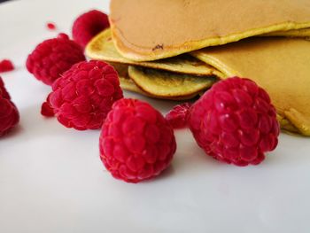 High angle view of strawberries on table