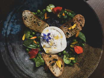 High angle view of food served in plate