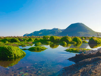 Scenic view of lake and mountains against clear blue sky