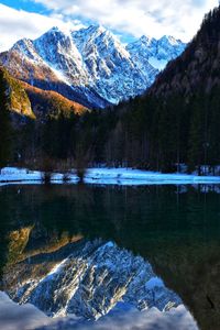 Scenic view of frozen lake and mountains against sky