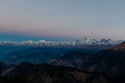 Scenic view of snowcapped mountains against sky during winter