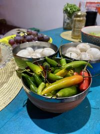 High angle view of vegetables in bowl on table