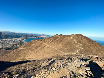 Scenic view of rocky mountains with hiking trail against clear blue sky