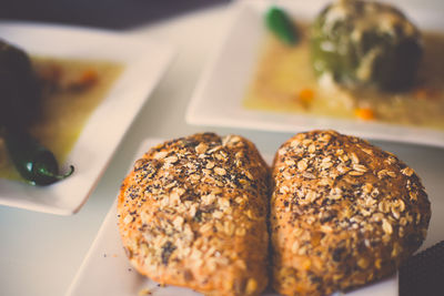 Close-up of food served on table