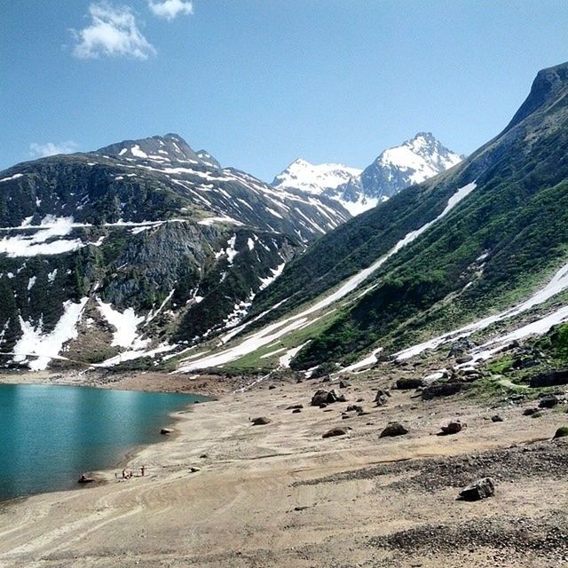 mountain, mountain range, snow, winter, cold temperature, tranquil scene, snowcapped mountain, tranquility, scenics, beauty in nature, landscape, season, nature, non-urban scene, sky, blue, snowcapped, idyllic, lake, day