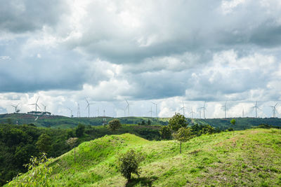 Wind turbines on land against sky