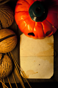 High angle view of pumpkin on table