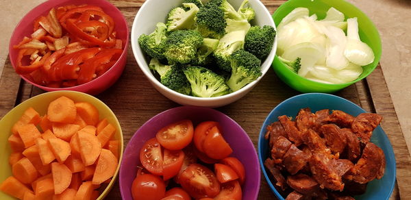 High angle view of food served on table