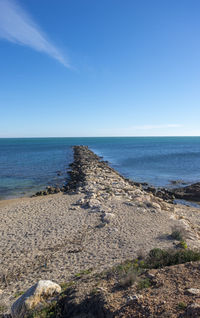 Scenic view of sea against clear blue sky