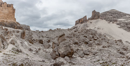 Low angle view of rock formations against sky