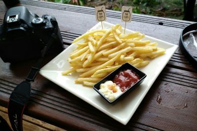 Close-up of food served on table