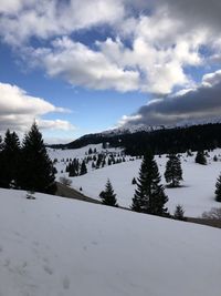 Scenic view of snow covered mountains against sky