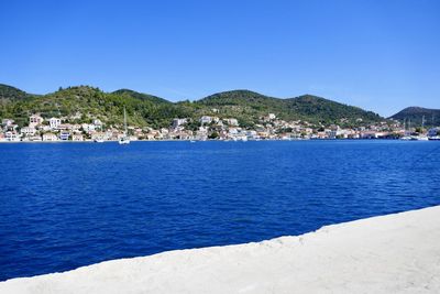 Scenic view of sea against clear blue sky